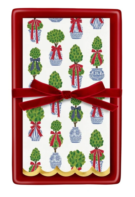 Ceramic Guest Napkin Tray/Napkins - Holiday Topiaries