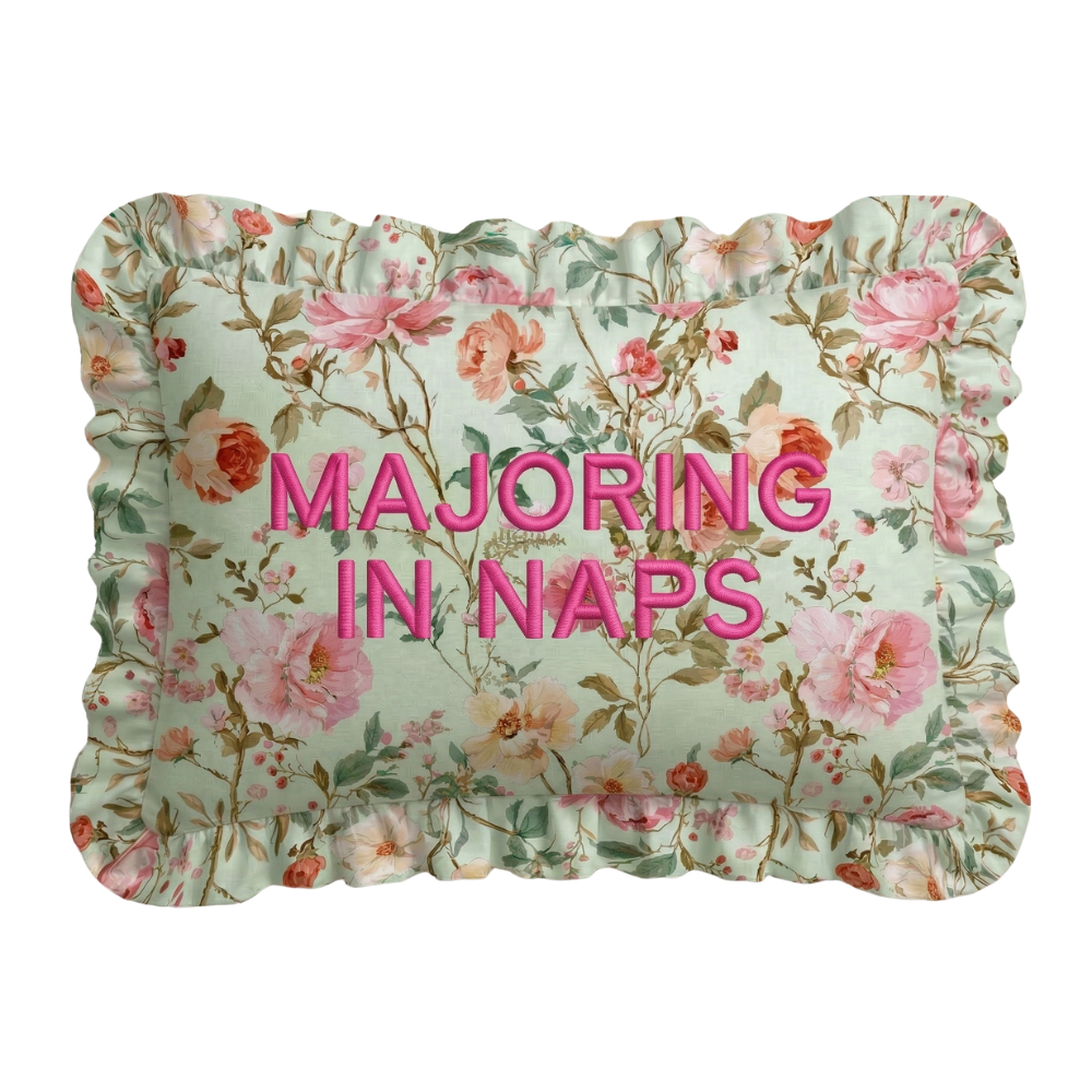 "Nap Major" Ruffled Embroidered Pillow