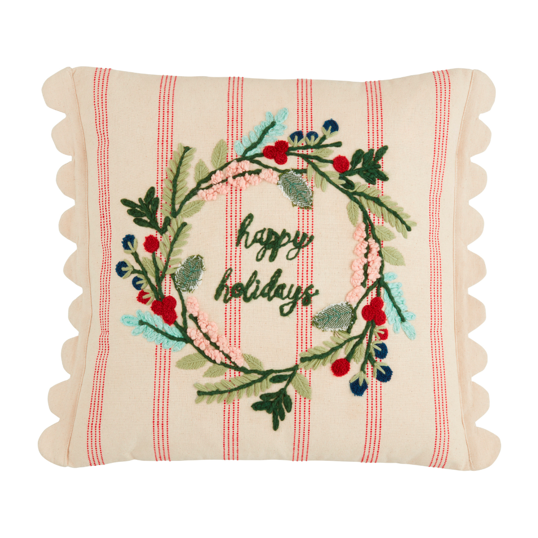 Wreath Striped Embroidered Pillow