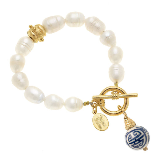 Blue & White Porcelain Ball Pearl Toggle Bracelet