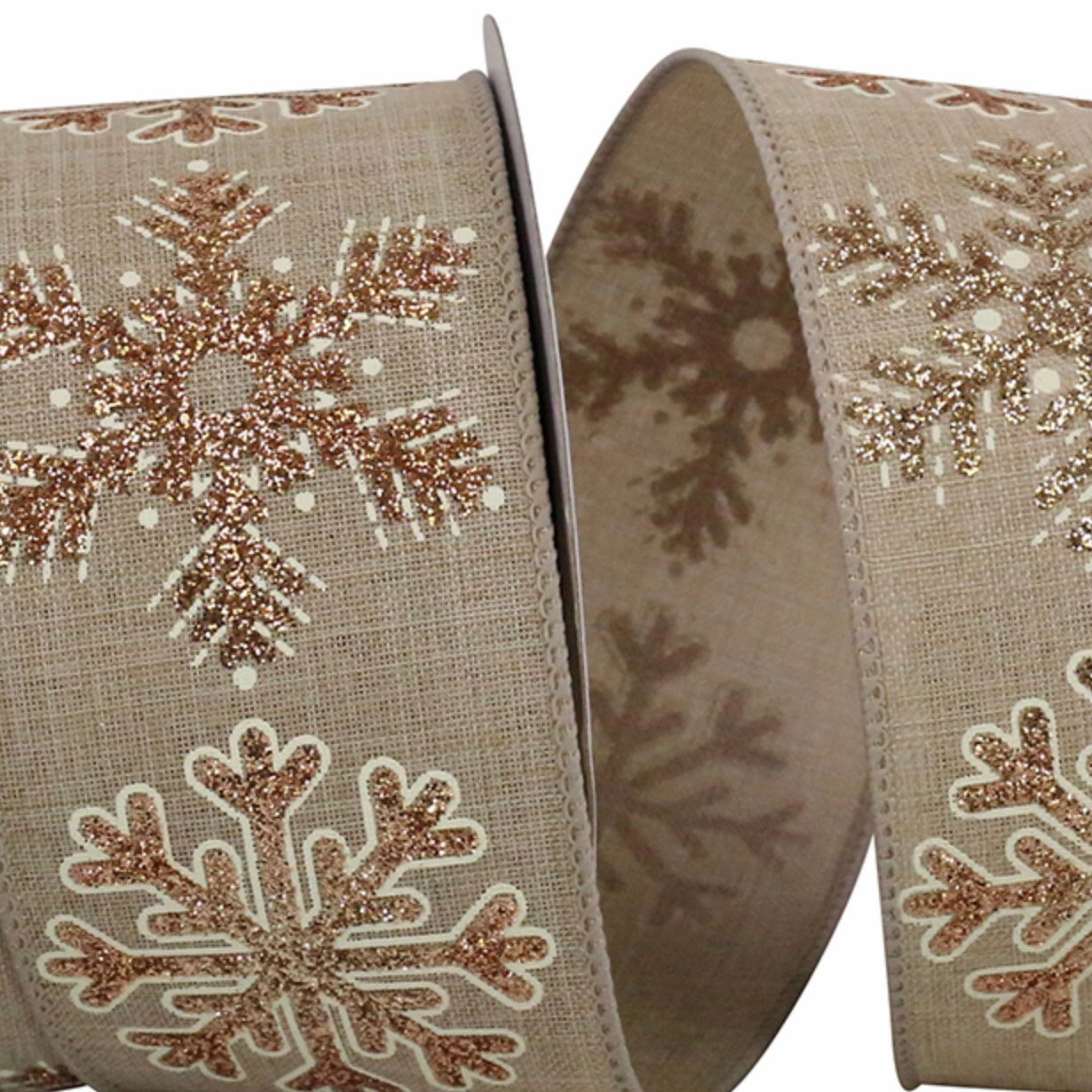 Glitter Snowflake Linen Ribbon - Natural