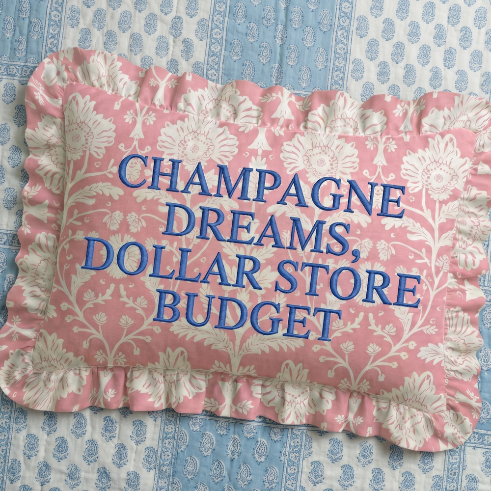 "Champagne" Ruffled Embroidered Pillow