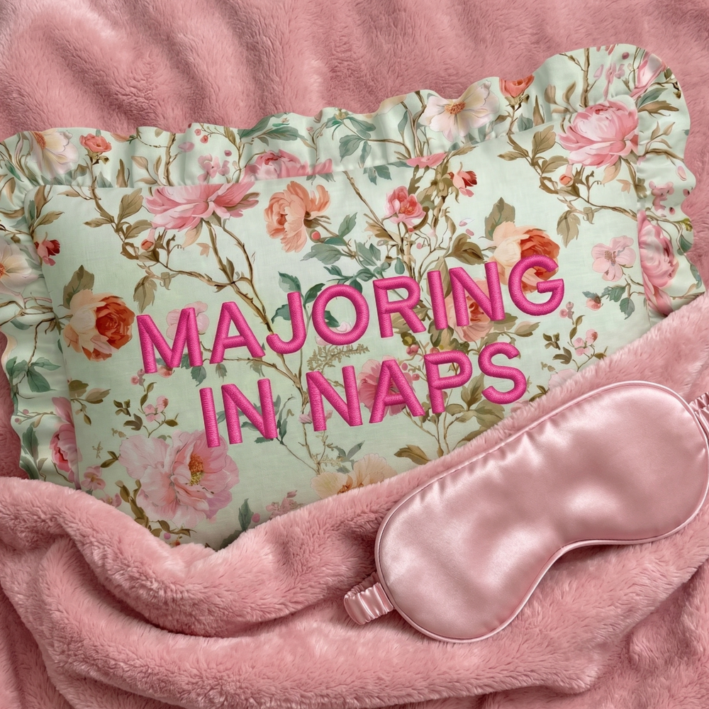 "Nap Major" Ruffled Embroidered Pillow