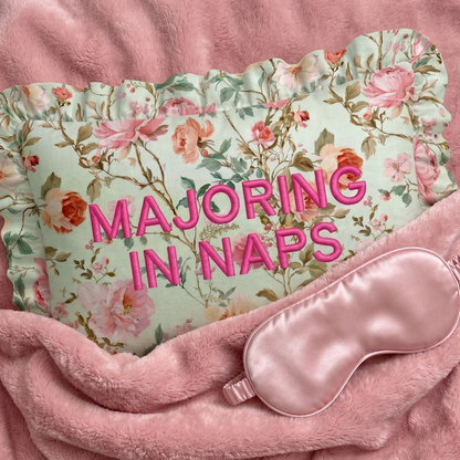 "Nap Major" Ruffled Embroidered Pillow