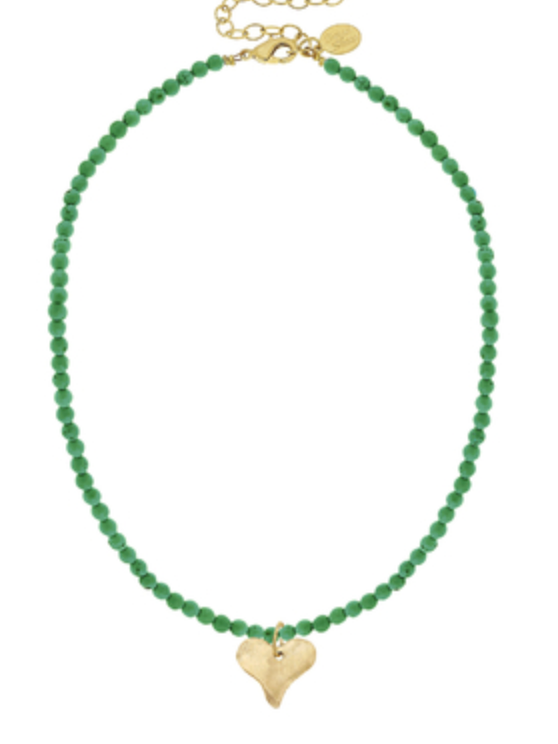 Gold Heart on Green Beaded Necklace