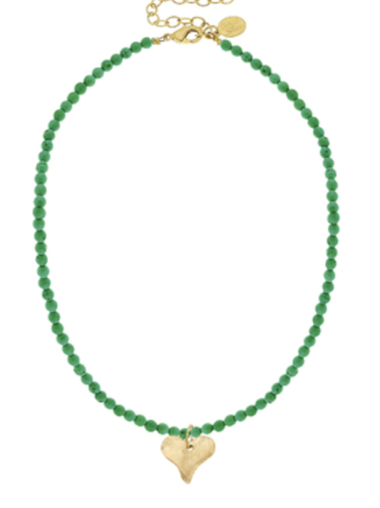 Gold Heart on Green Beaded Necklace