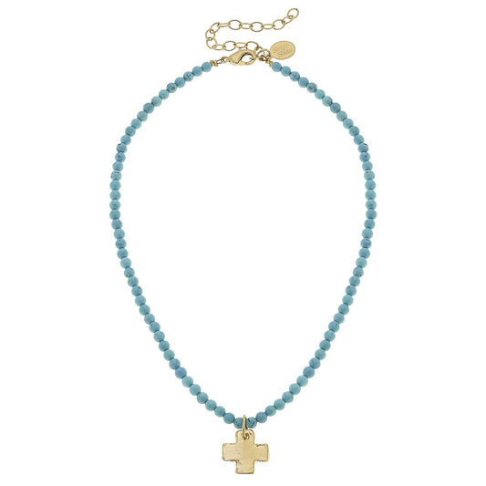 Gold Cross on Turquoise Beaded Necklace