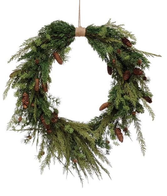 Faux Pine Wreath with Pinecones and Jute Hanger