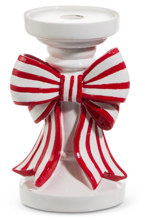 Red/White Stripe Bow Candle Holder - Small