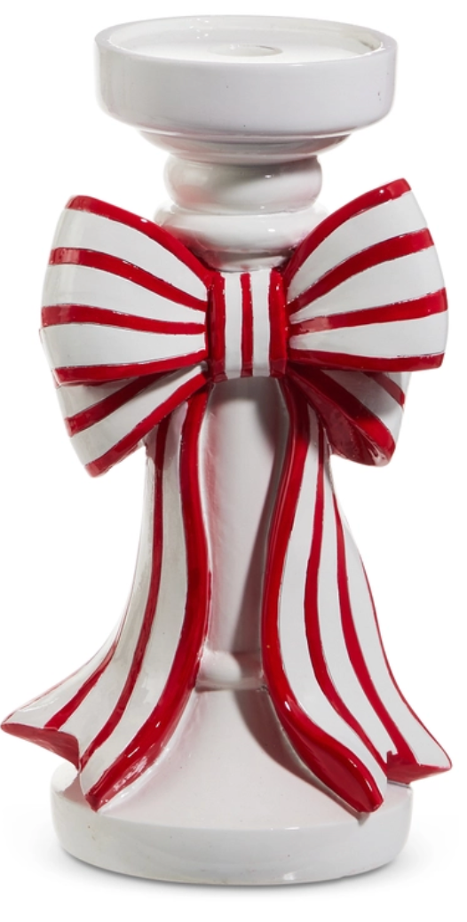 Red/White Stripe Bow Candle Holder - Large