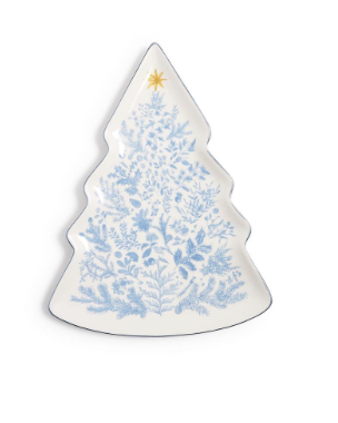 Gilded Cottage Christmas Tree Shape Plate with Blue Rim