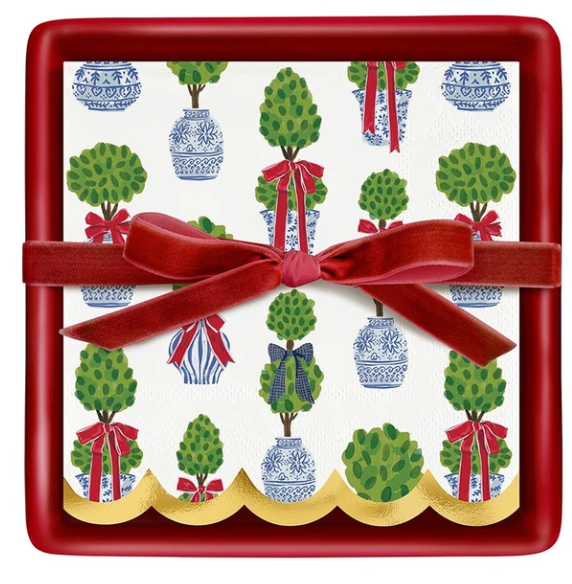 Ceramic Napkin Tray/Napkins - Holiday Topiaries