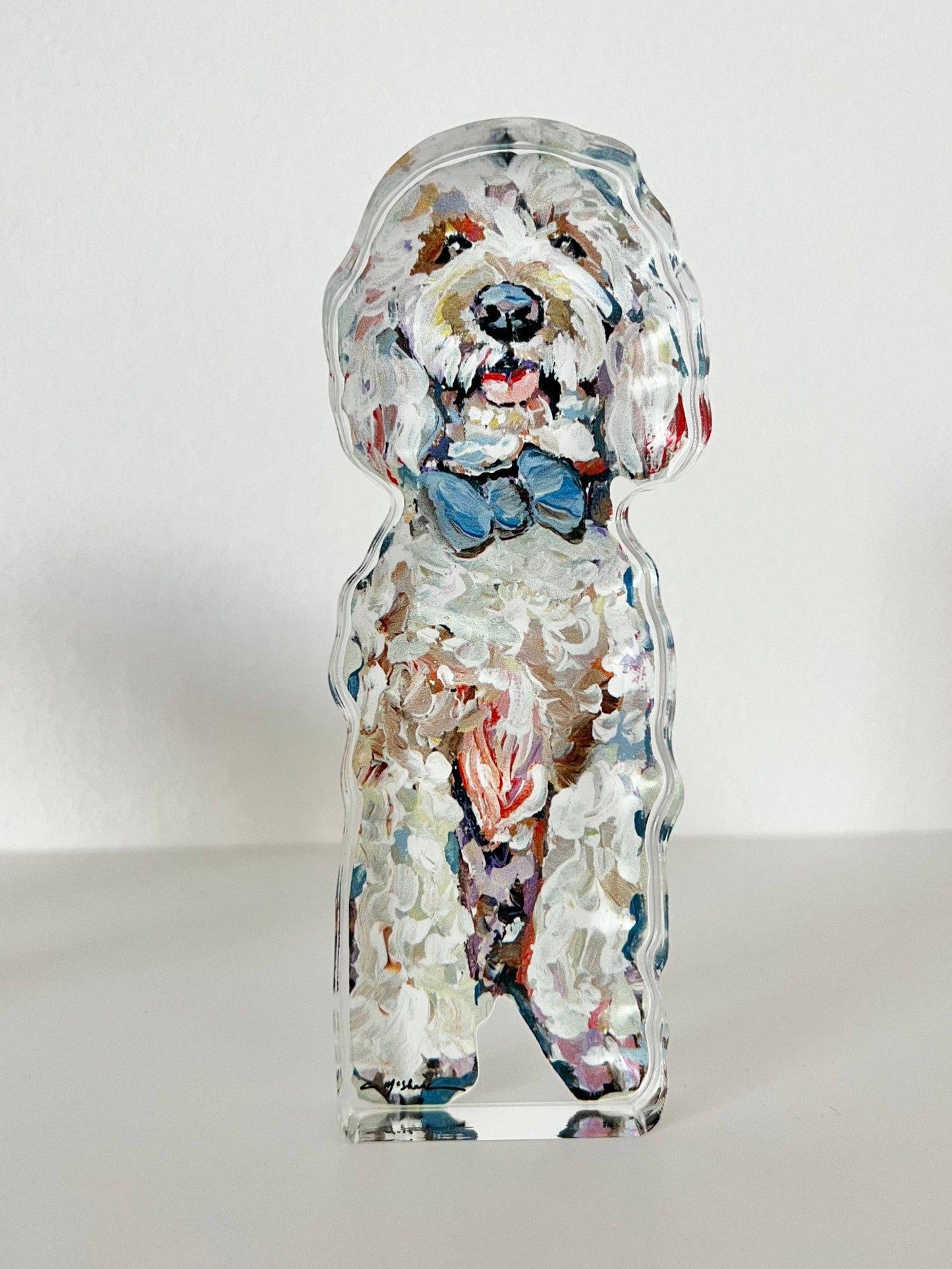 "Golden Doodle blue bow" acrylic shelfie