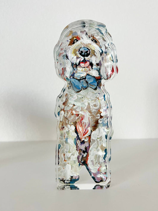 "Golden Doodle blue bow" acrylic shelfie