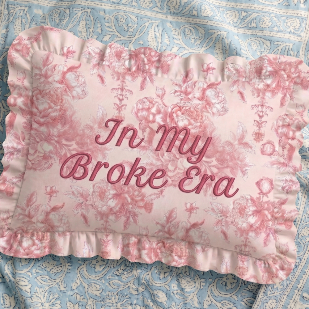 "Broke" Ruffled Embroidered Pillow