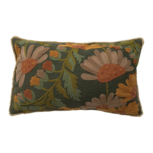 Cotton Embroidered Pillow with Flowers/Fringe/Chambray Back