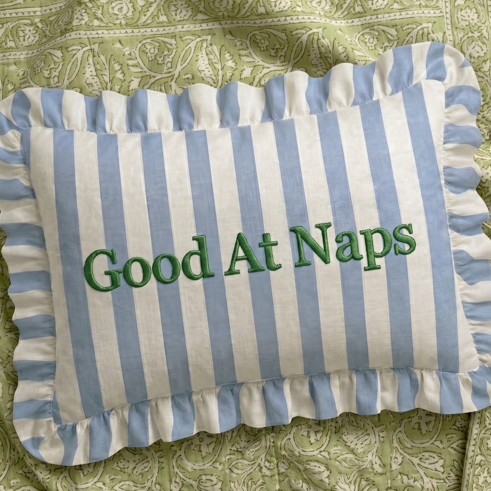 "Naps" Ruffled Embroidered Pillow