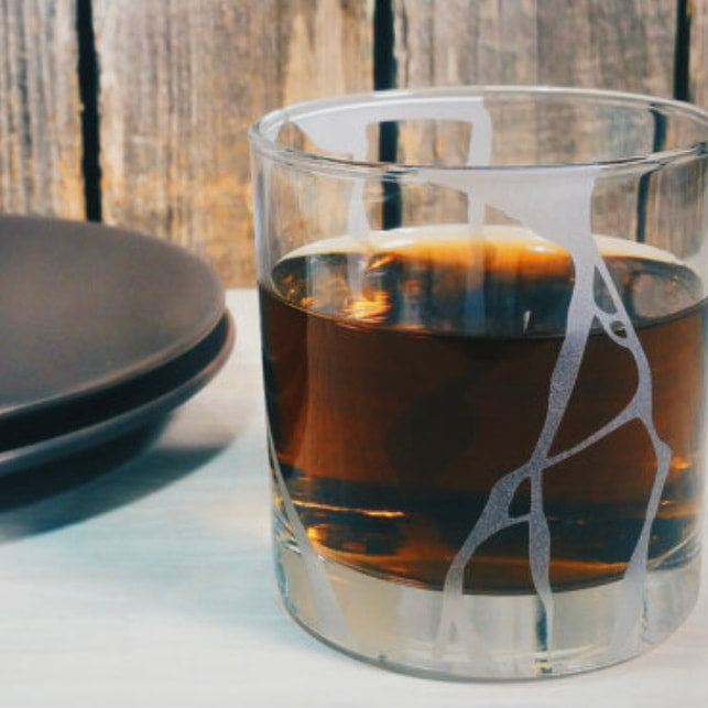 Kintsugi Wabi Sabi Etched Whiskey Glass